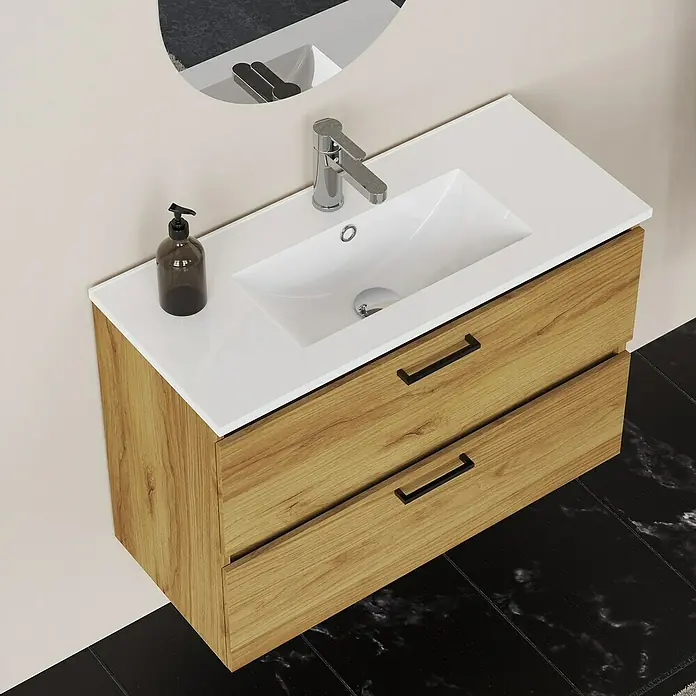 Artysan Conjunto de mueble de baño Palma 2C - Ancho: 80 cm, Roble, 3 pzs. - Conjunto de mueble de baño moderno con dos cajones y grifo para un diseño de baño elegante.