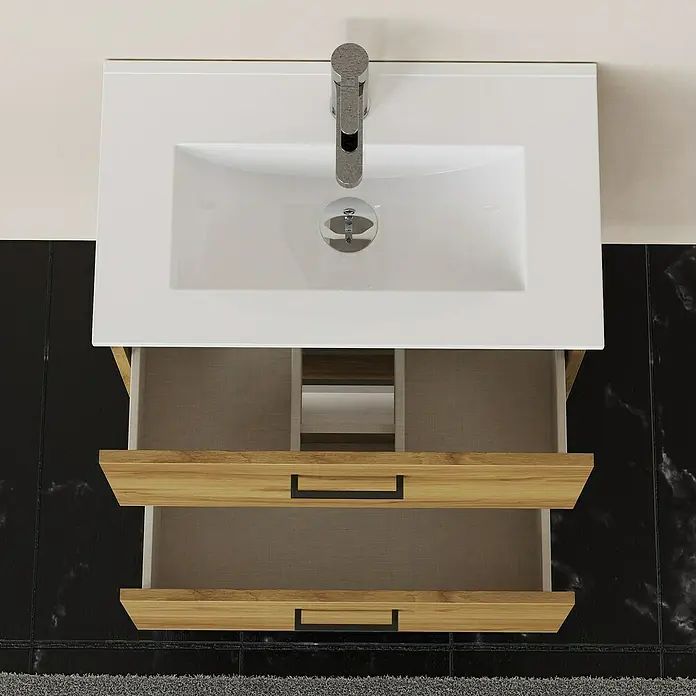 Artysan Conjunto de mueble de baño Palma 2C - Ancho: 60 cm, Roble, 3 pzs. - Un moderno mueble de baño con dos cajones con aspecto de madera y un elegante lavabo de encimera blanco con grifo cromado.