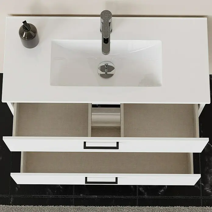 Artysan Conjunto de mueble de baño Palma 2C - Ancho: 80 cm, Blanco, 3 pzs. - Mueble de baño con lavabo, grifo y dos cajones con tiradores negros para almacenaje. Este mueble tiene un diseño minimalista y un aspecto elegante.