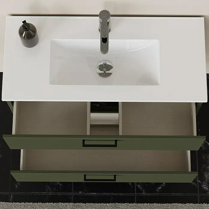 Artysan Conjunto de mueble de baño Palma 2C - Ancho: 80 cm, Verde olivo, 3 pzs. - Vista superior de un tocador moderno con sistema de cajones abiertos, combinando almacenamiento y diseño.
