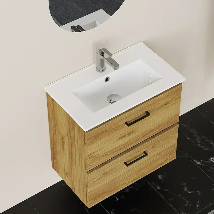 Artysan Conjunto de mueble de baño Palma 2C - Ancho: 60 cm, Roble, 3 pzs. - Un moderno mueble de baño con acabado de madera y lavabo blanco, ideal para diseños de baño con estilo.
