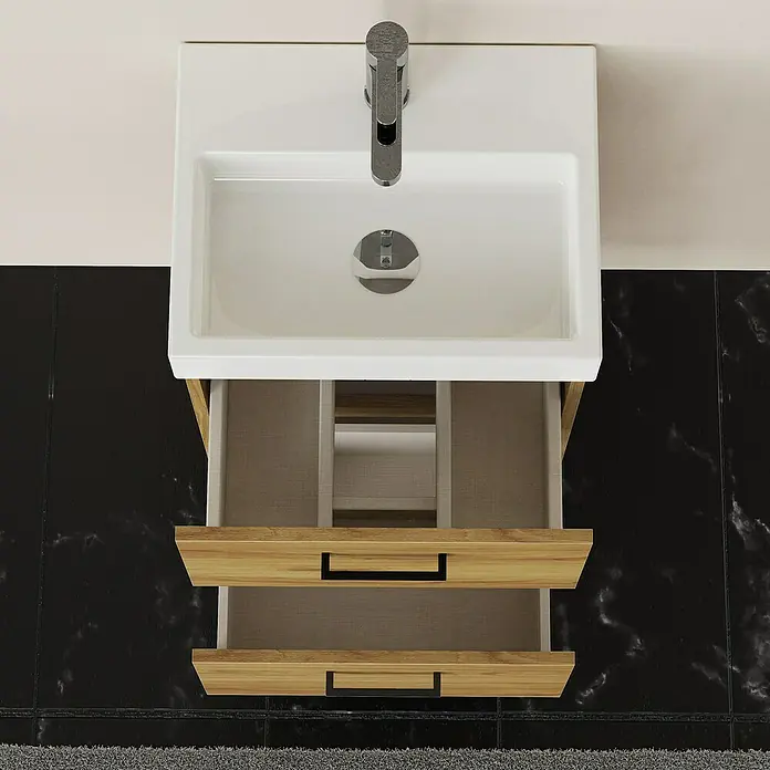 Artysan Conjunto de mueble de baño Palma 2C - Ancho: 45 cm, Roble, 3 pzs. - Imagen de un moderno tocador de baño con un sistema de cajones abiertos que muestra las soluciones de almacenamiento.