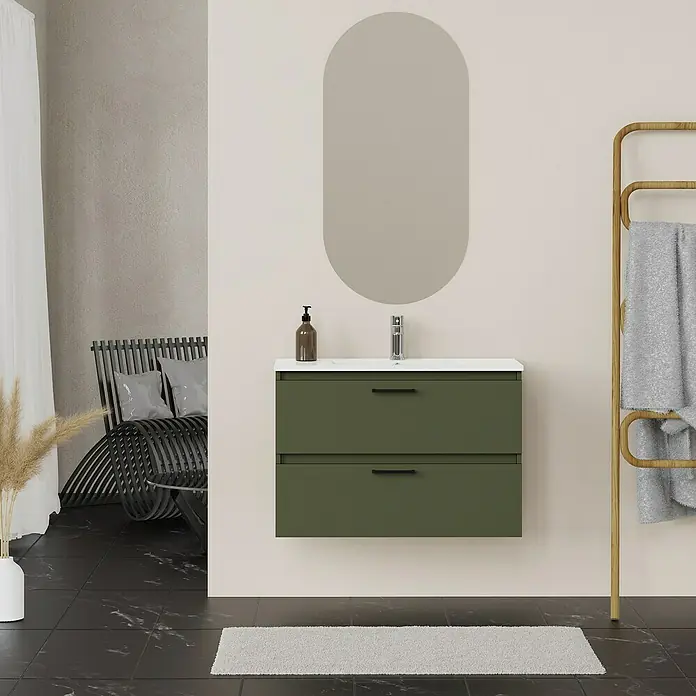 Artysan Conjunto de mueble de baño Palma 2C - Ancho: 80 cm, Verde olivo, 3 pzs. - Interior de baño moderno con mueble de lavabo verde, espejo y toallero.