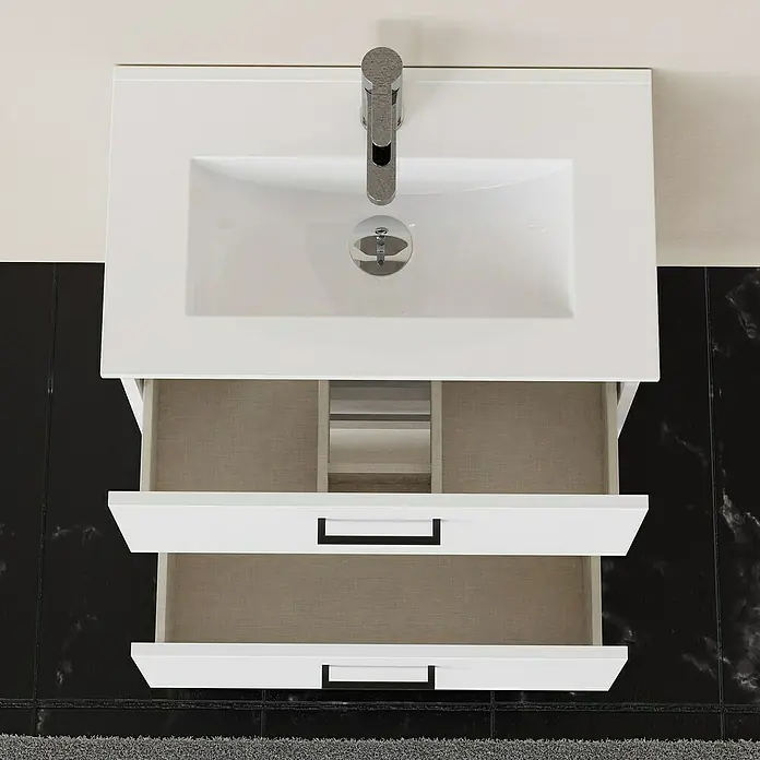 Artysan Conjunto de mueble de baño Palma 2C - Ancho: 60 cm, Blanco, 3 pzs. - Mueble de lavabo moderno con diseño de cajón abierto y un elegante lavabo blanco para baños con estilo.