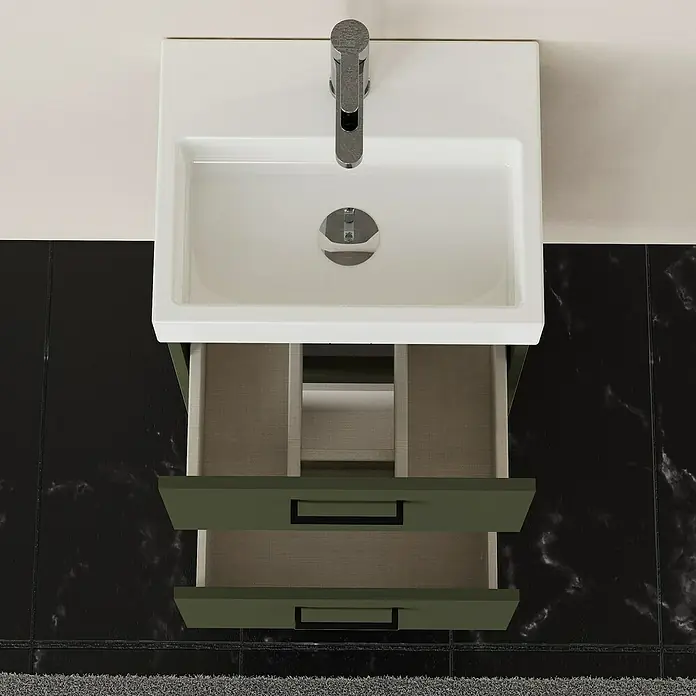 Artysan Conjunto de mueble de baño Palma 2C - Ancho: 45 cm, Verde olivo, 3 pzs. - El mueble de baño moderno cuenta con un lavabo sobre encimera y dos cajones abiertos con un diseño elegante y práctico.