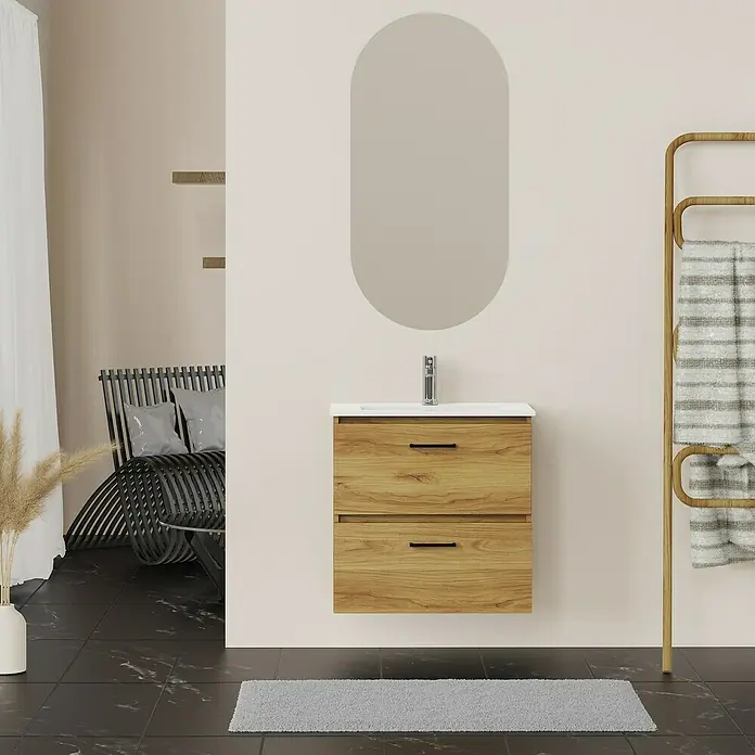 Artysan Conjunto de mueble de baño Palma 2C - Ancho: 60 cm, Roble, 3 pzs. - Baño moderno con mueble de madera clara con espejo ovalado. Toallero y alfombra complementan el diseño.
