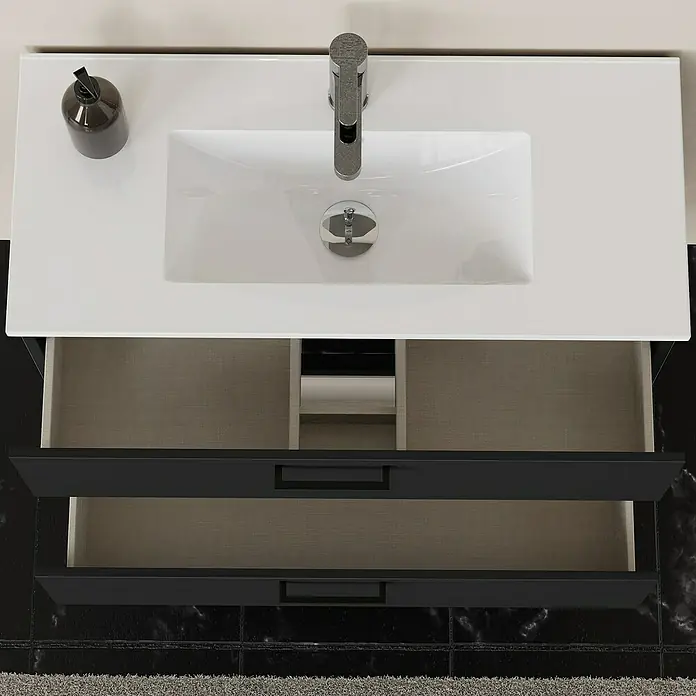 Artysan Conjunto de mueble de baño Palma 2C - Ancho: 80 cm, Negro, 3 pzs. - Un elegante conjunto de baño con un lavabo moderno y un tocador con dos cajones para almacenamiento adicional.