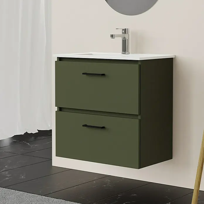 Artysan Conjunto de mueble de baño Palma 2C - Ancho: 60 cm, Verde olivo, 3 pzs. - Elegante lavabo de baño con mueble verde oliva que cuenta con dos cajones y un grifo moderno para un diseño de baño elegante.