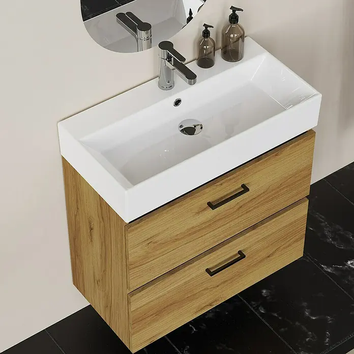Artysan Conjunto de mueble de baño Palma 2C - Ancho: 70 cm, Roble, 3 pzs. - El moderno mueble de baño presenta un mueble de madera con un lavabo sobre encimera. El mueble ofrece espacio de almacenamiento en dos cajones.