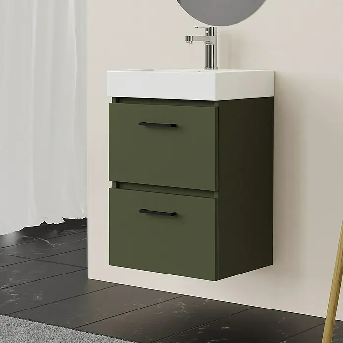 Artysan Conjunto de mueble de baño Palma 2C - Ancho: 45 cm, Verde olivo, 3 pzs. - Moderno mueble de baño verde oliva con dos cajones y un elegante lavabo blanco para un aspecto contemporáneo y elegante.