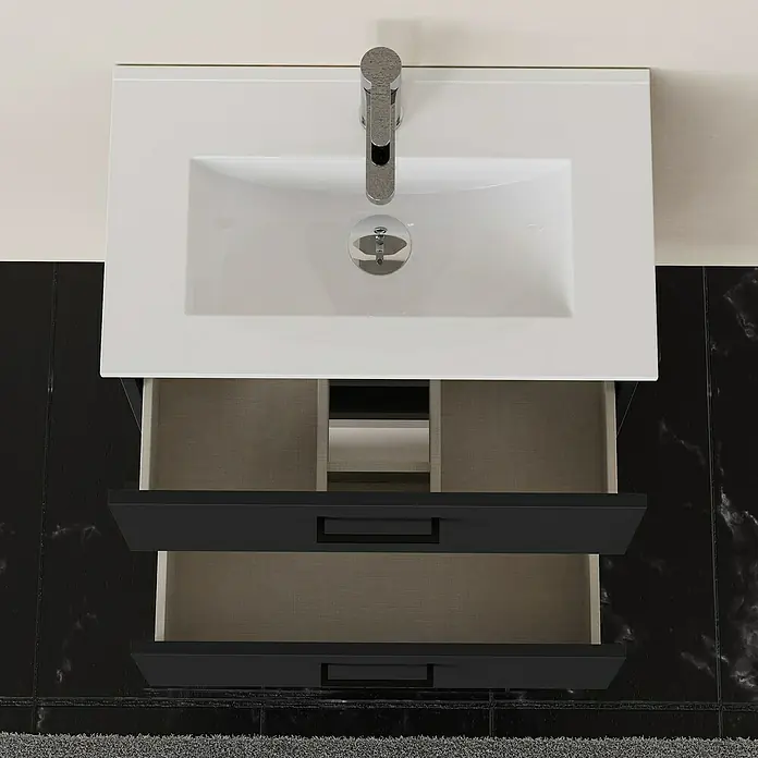 Artysan Conjunto de mueble de baño Palma 2C - Ancho: 60 cm, Negro, 3 pzs. - Un moderno mueble de baño con un armario abierto con cajones negros y una elegante encimera blanca con lavabo.