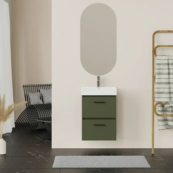 Artysan Conjunto de mueble de baño Palma 2C - Ancho: 45 cm, Verde olivo, 3 pzs. - Elegante interior de baño con un moderno mueble de lavabo verde oliva y espejo ovalado vertical.