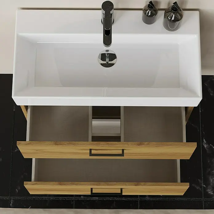 Artysan Conjunto de mueble de baño Palma 2C - Ancho: 70 cm, Roble, 3 pzs. - Mueble de lavabo con armario base abierto, dos cajones efecto madera y grifo.