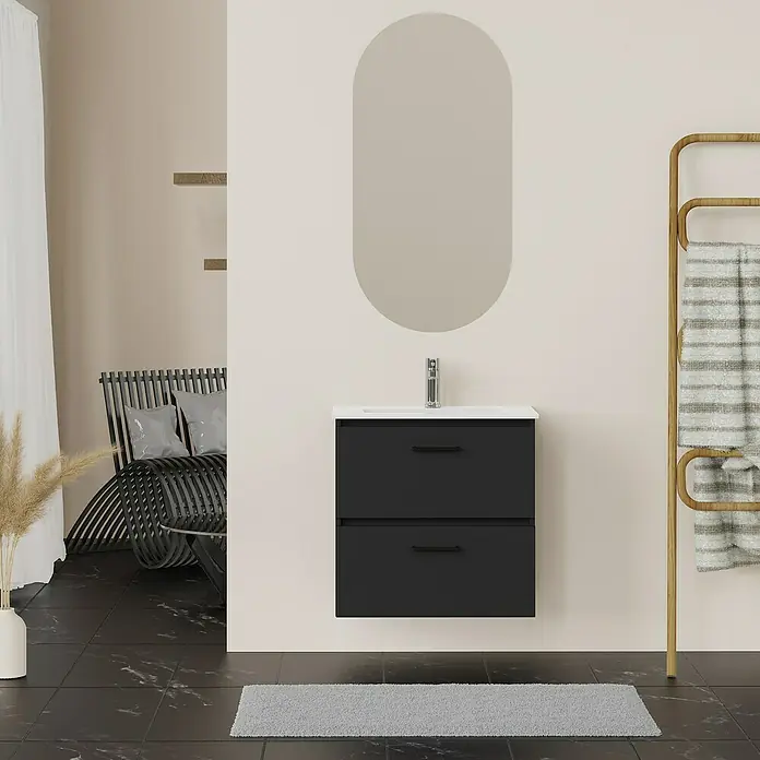 Artysan Conjunto de mueble de baño Palma 2C - Ancho: 60 cm, Negro, 3 pzs. - Mueble de baño con cajón negro y espejo para un diseño de baño moderno y elegante.