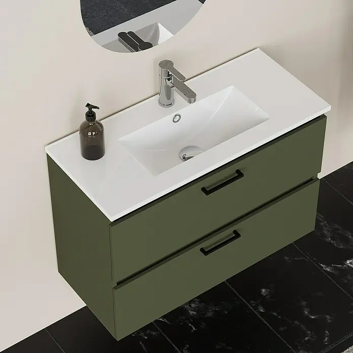 Artysan Conjunto de mueble de baño Palma 2C - Ancho: 80 cm, Verde olivo, 3 pzs. - Elegante lavabo de baño con mueble verde oliva y diseño minimalista para baños modernos.