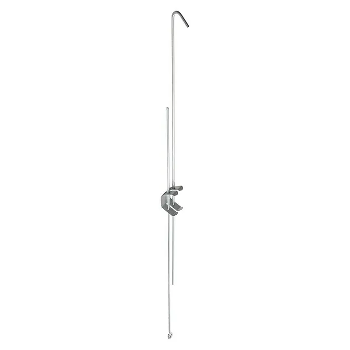 Knauf Schnellabhänger AMF Haken mit Öse - Stahl, 20 Stk., Höhenverstellung: 600 mm - 1.000 mm - Das Bild zeigt einen silbernen Grillspießhalter mit Haken und Klammern, ein praktisches Zubehör für Grillliebhaber.