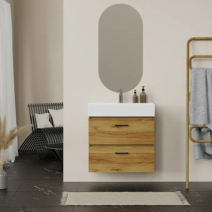 Artysan Conjunto de mueble de baño Palma 2C - Ancho: 70 cm, Roble, 3 pzs. - Un tocador moderno con acabado de madera y lavabo blanco, complementado con un espejo ovalado encima.