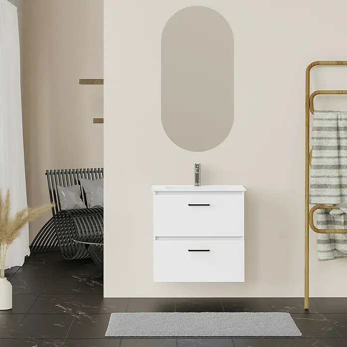 Artysan Conjunto de mueble de baño Palma 2C - Ancho: 60 cm, Blanco, 3 pzs. - Baño moderno con mueble de lavabo blanco, espejo ovalado y toallero eléctrico para un interior elegante.