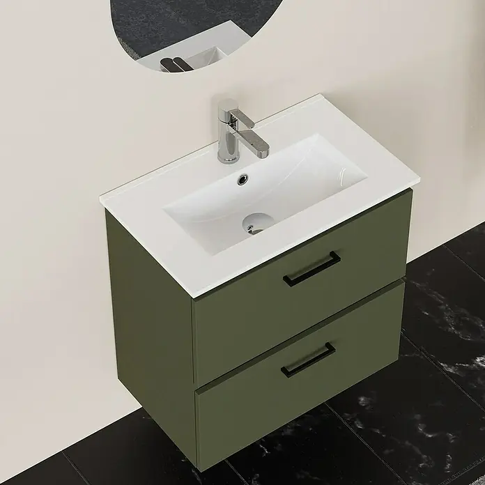 Artysan Conjunto de mueble de baño Palma 2C - Ancho: 60 cm, Verde olivo, 3 pzs. - Elegante conjunto de muebles de baño con lavabo y mueble bajo en verde oliva. Perfecto para baños modernos con diseño elegante y espacio útil.