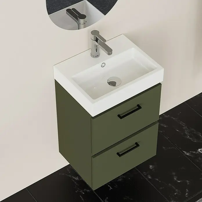 Artysan Conjunto de mueble de baño Palma 2C - Ancho: 45 cm, Verde olivo, 3 pzs. - Lavabo de baño sencillo con mueble verde oliva, diseño minimalista con dos cajones y accesorios cromados.