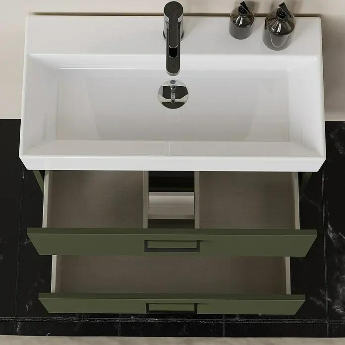 Artysan Conjunto de mueble de baño Palma 2C - Ancho: 70 cm, Verde olivo, 3 pzs. - Lavabo de baño moderno con mueble verde abierto, que muestra dos cajones para un almacenamiento y organización elegante.
