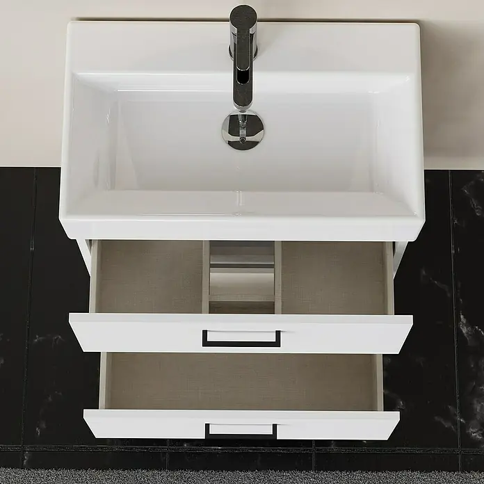 Artysan Conjunto de mueble de baño Palma 2C - Ancho: 70 cm, Blanco, 3 pzs. - Lavabo blanco con mueble bajo lavabo abierto y dos cajones. El tocador moderno es una solución de baño práctica.
