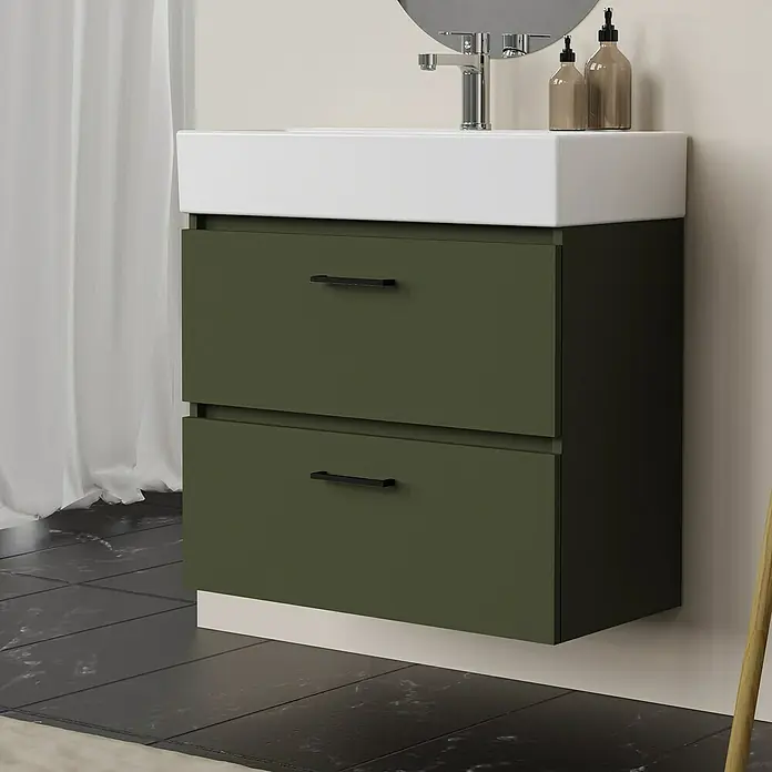 Artysan Conjunto de mueble de baño Palma 2C - Ancho: 70 cm, Verde olivo, 3 pzs. - Elegante lavabo de baño con mueble en verde oliva. Diseño moderno con dos cajones y tiradores minimalistas que resalta su funcionalidad.