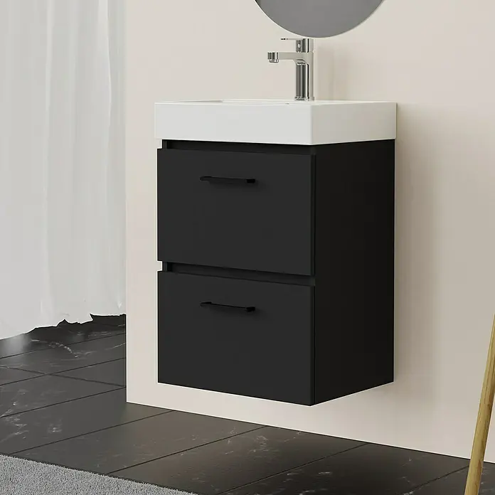 Artysan Conjunto de mueble de baño Palma 2C - Ancho: 45 cm, Negro, 3 pzs. - Moderno baño con mueble de lavabo negro y lavabo sobre encimera blanco. La unidad ofrece un práctico almacenamiento con dos cajones.