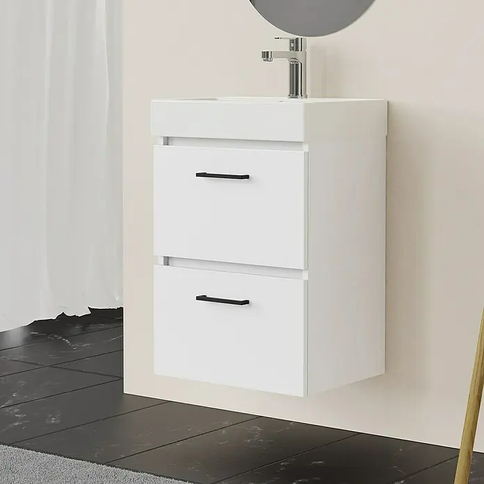 Artysan Conjunto de mueble de baño Palma 2C - Ancho: 45 cm, Blanco, 3 pzs. - Mueble de baño blanco con dos cajones, grifo y espejo redondo. Un mueble elegante para el baño moderno.