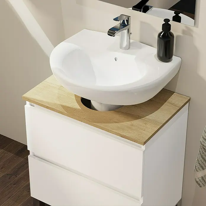 Artysan Mueble bajo de lavabo Viki - L x An x Al: 39,1 x 60 x 64,1 cm, Blanco/Nature - Primer plano de un lavabo moderno con un recipiente de cerámica blanca, grifo y frasco de jabón sobre un mueble de madera.