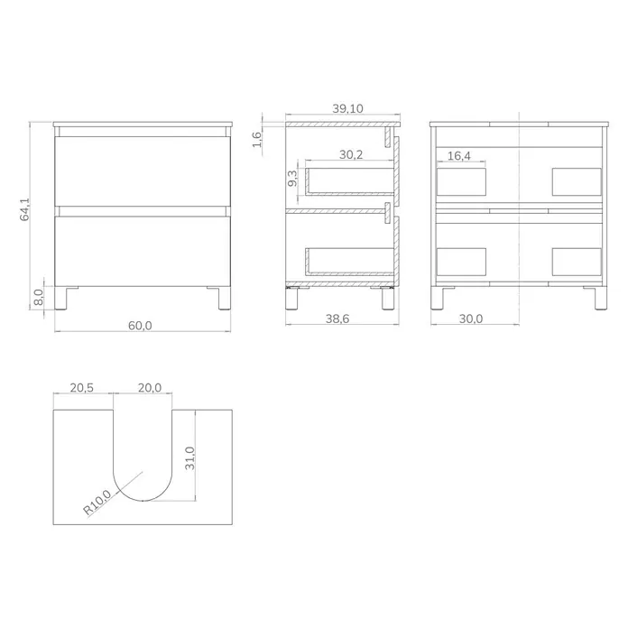 Artysan Mueble bajo de lavabo Viki - L x An x Al: 39,1 x 60 x 64,1 cm, Blanco/Nature - Dibujo técnico de un mueble de baño que muestra sus dimensiones y detalles para fines de diseño y construcción.