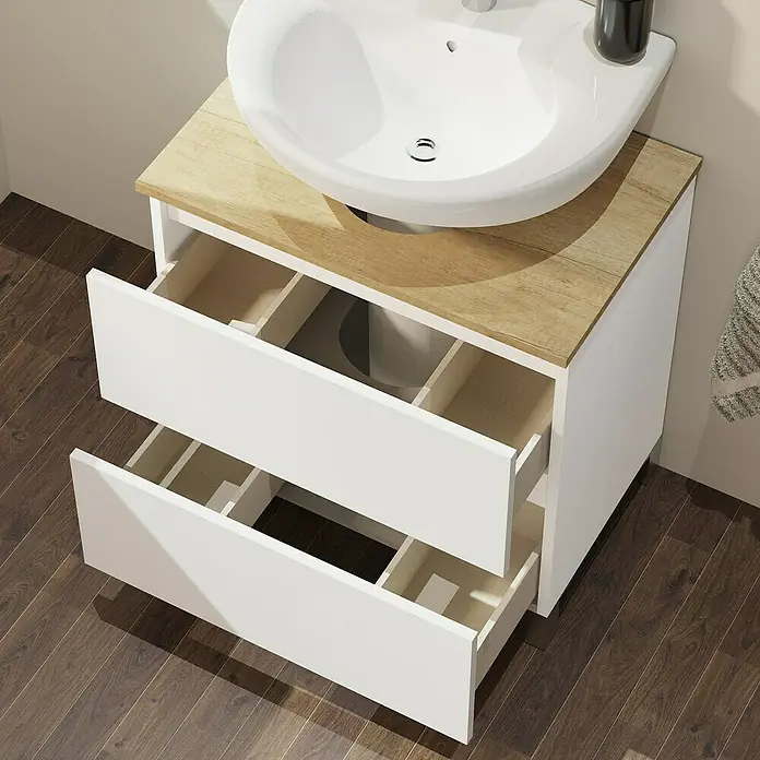 Artysan Mueble bajo de lavabo Viki - L x An x Al: 39,1 x 60 x 64,1 cm, Blanco/Nature - Mueble de baño con dos cajones y encimera de madera. Ideal para cualquier baño.