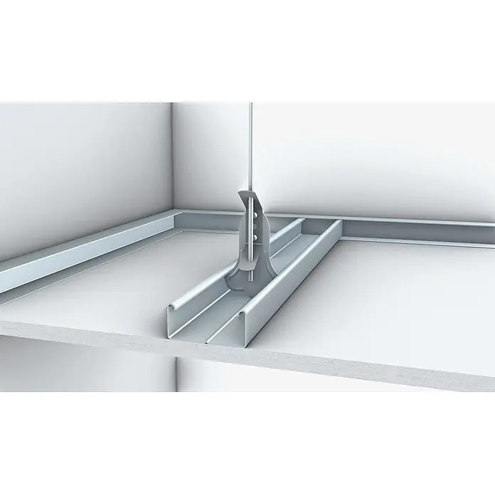 Probau Schnellabhänger Sicherheitsabhänger - Ausstattung: Öse, 100 Stk. - Detailaufnahme eines Deckenmontagesystems mit Profilen und Abhängern, das eine einfache Installation ermöglicht.