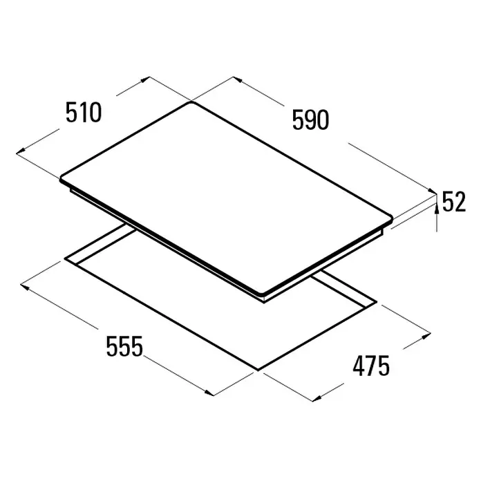 Cata Placa de cocción de cristal CI 631 BK - L x An: 51 x 59 cm, Número de quemadores de gas: 4 ud. - Esquema de dimensiones de la placa de cocción. La placa mide 510 x 590 mm, el hueco 555 x 475 mm y la altura es de 52 mm.