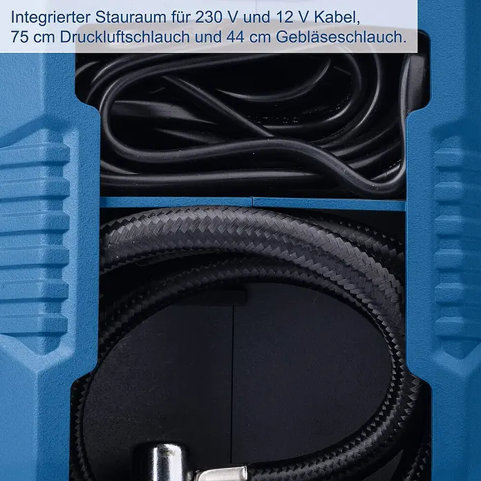 Scheppach IXES 20V Hybrid-Kompressor Air Force 6 - 20 V, Ohne Akku, Max. Druck: 10,3 bar - Integrierter Stauraum für Kabel und Schläuche. Der tragbare Kompressor bietet Platz für 230 V/12 V Kabel, Druckluft- & Gebläseschlauch.