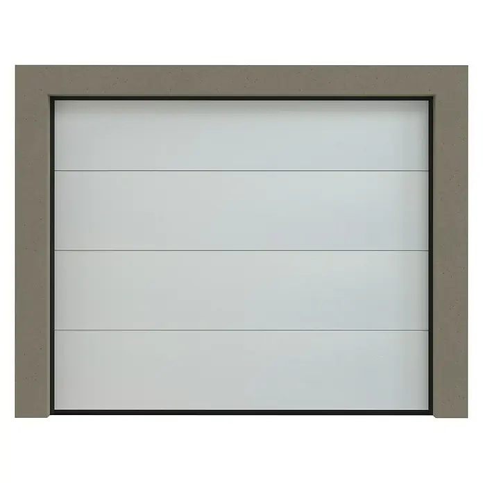 Solid Elements Garagentor Eco Solid Pro - B x H: 2.500 x 2.125 mm, Verkehrsweiß, Woodgrain - Das Bild zeigt ein modernes, weißes Garagentor mit horizontalen Linien und einem Rahmen in einem Grauton. Das Tor wirkt schlicht und elegant.