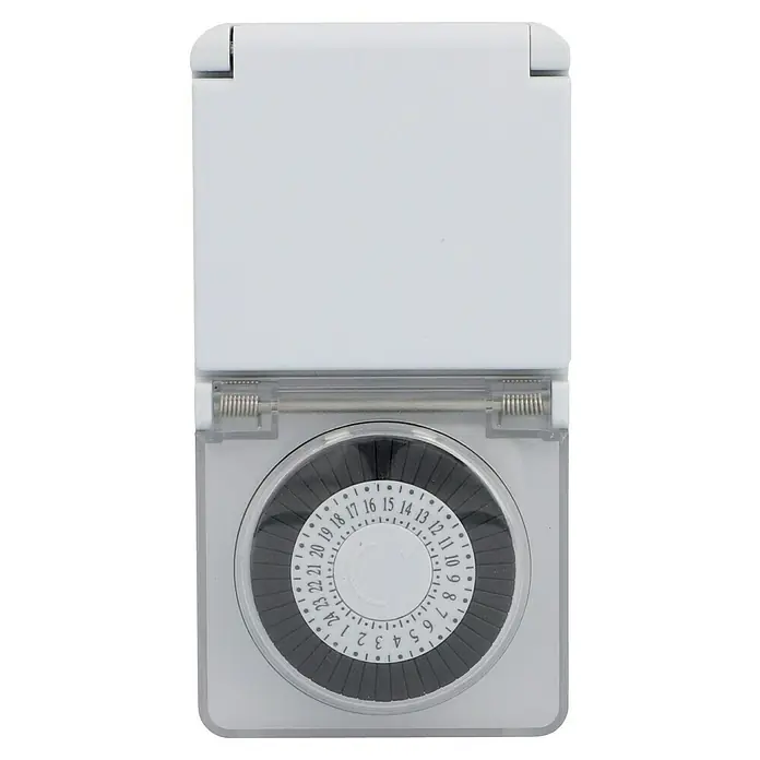 Temporizador para exterior - Mecánico, Gris / Verde, 3.500 W - Un interruptor de tiempo para controlar aparatos eléctricos, con un visualizador de tiempo redondo y una tapa articulada.