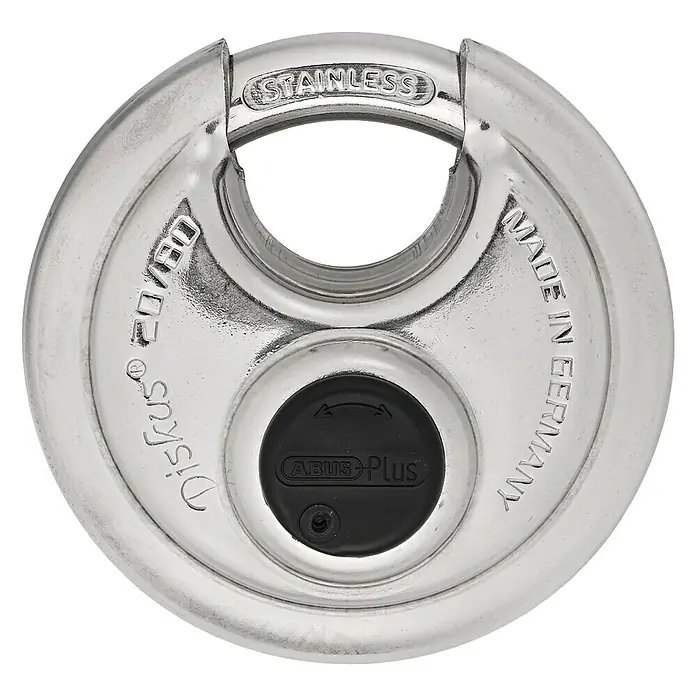 Abus Diskus Candado de disco 20/80 - An x Al: 80 x 80 mm, Acero inoxidable - Imagen de un candado de acero inoxidable ABUS Diskus 20/70. Robusto, seguro e ideal para uso en exteriores.