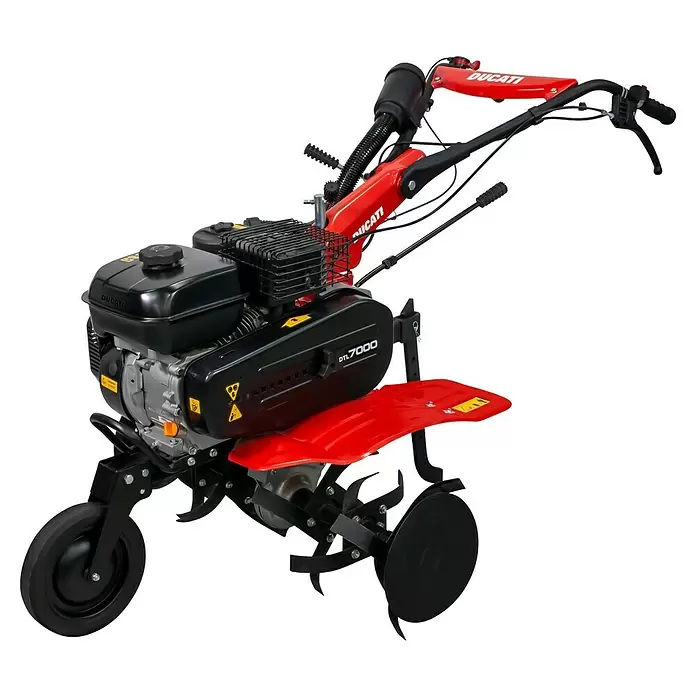 Ducati Azada de gasolina DTL7000 - 4,3 kW, 4 tiempos, Recomendación máxima de superficie: 1.500 m² - Motocultor Ducati DTL-7000 rojo y negro con motor, manillar y cuchillas para el cultivo del suelo.