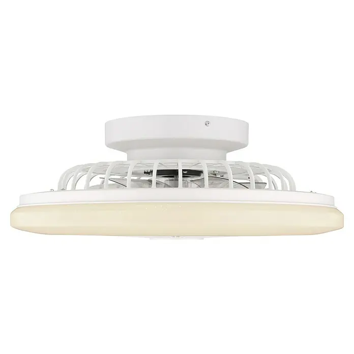 Globo Deckenventilator Travo - 30 W, Durchmesser: 50 cm, Weiß - Nahaufnahme einer weißen Deckenleuchte mit Ventilator und LED-Beleuchtung, die ein modernes und funktionales Design zeigt.