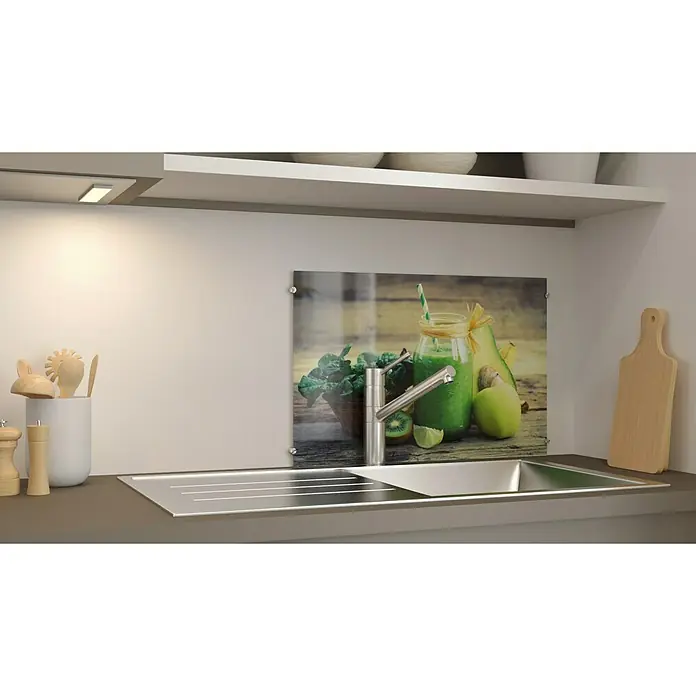 CUCINE Küchenrückwand - Green Smoothie, 60 x 40 cm, Stärke: 6 mm, Einscheibensicherheitsglas (ESG) - Küchenrückwand aus Glas mit einem Bild von einem grünen Smoothie, Kiwi und Avocado. Die Küchenrückwand ist ein toller Hingucker in jeder Küche.