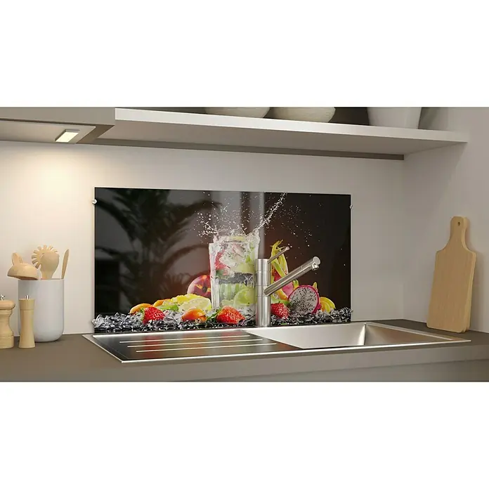 CUCINE Küchenrückwand - Cocktail Splash, 80 x 40 cm, Stärke: 6 mm, Einscheibensicherheitsglas (ESG) - Küchenrückwand mit einem Motiv aus Früchten und einem erfrischenden Getränk, das einen spritzigen Akzent in jede Küche bringt.