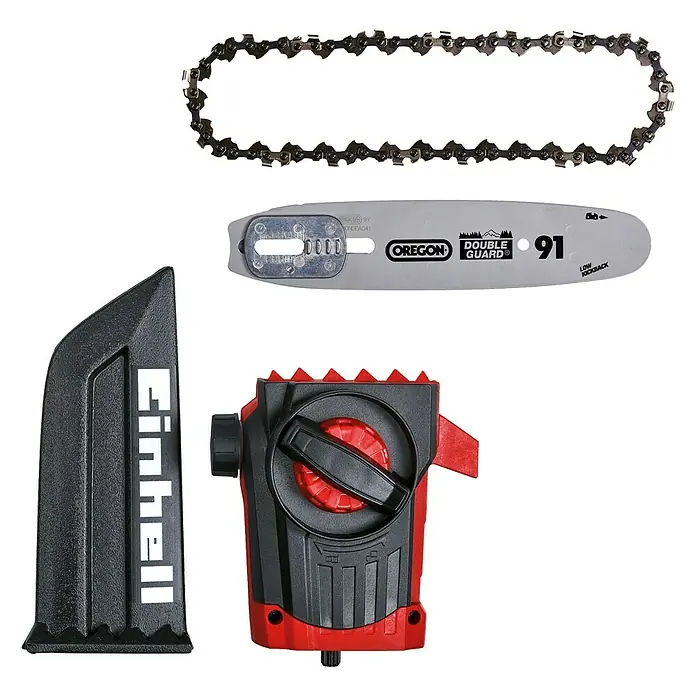 Einhell Power X-Change 18V Hochentaster-Aufsatz GE-HH 18/45 Li T-Solo - Schwertlänge: 20 cm - Abbildung eines Einhell Akku-Kettenaufsatzes mit Kette, Schwert und Schutzhülle.