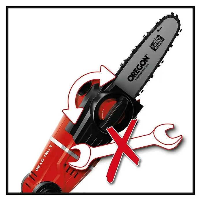 Einhell Power X-Change 18V Hochentaster-Aufsatz GE-HH 18/45 Li T-Solo - Schwertlänge: 20 cm - Nahaufnahme der Akku-Kettensäge GE-LC 18Li T von Einhell, die für präzise Baumschnitte entwickelt wurde.