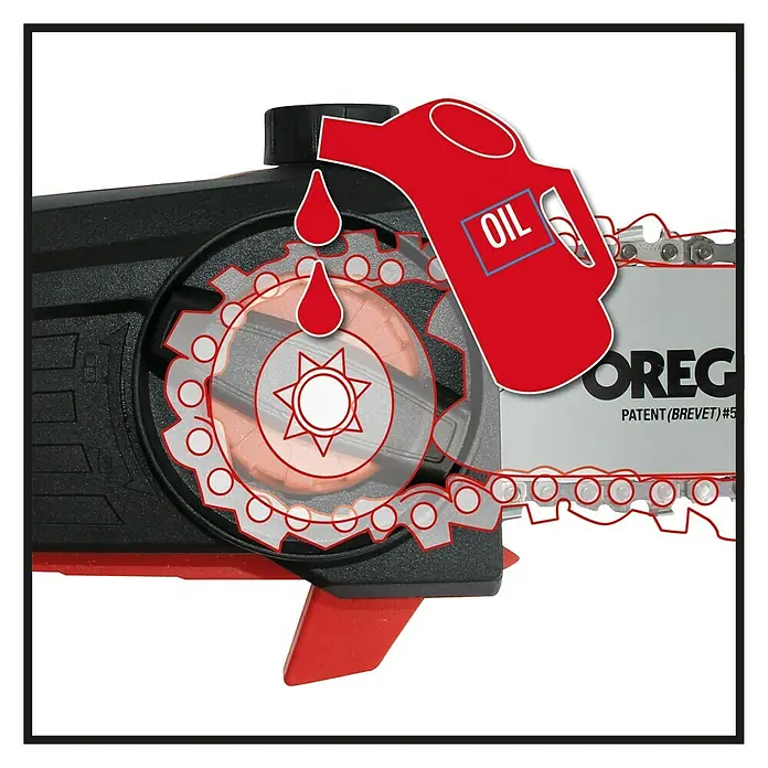 Einhell Power X-Change 18V Hochentaster-Aufsatz GE-HH 18/45 Li T-Solo - Schwertlänge: 20 cm - Abbildung einer Kettensäge, die mit Öl geschmiert wird. Das Öl wird automatisch auf die Kette gegeben, um die Säge optimal zu nutzen.
