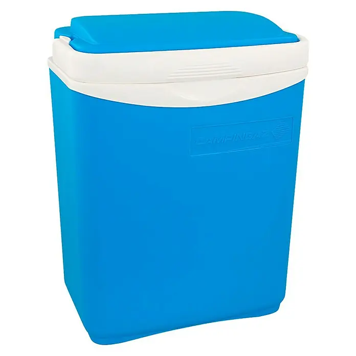 Campingaz Nevera de camping Icetime Plus - L x An x Al: 29 x 18 x 39 cm, Azul - Aquí hay una nevera azul Campingaz con tapa blanca, ideal para transportar alimentos y bebidas durante actividades al aire libre.