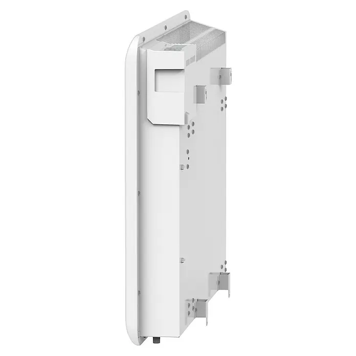 Purline Emisor térmico Ceramic A1000 WiFi - 1.000 W, Blanco, 9 x 60 x 50 cm, Cerámico - Primer plano de un dispositivo electrónico blanco con aletas de refrigeración y varios puntos de conexión, diseñado para uso exterior.