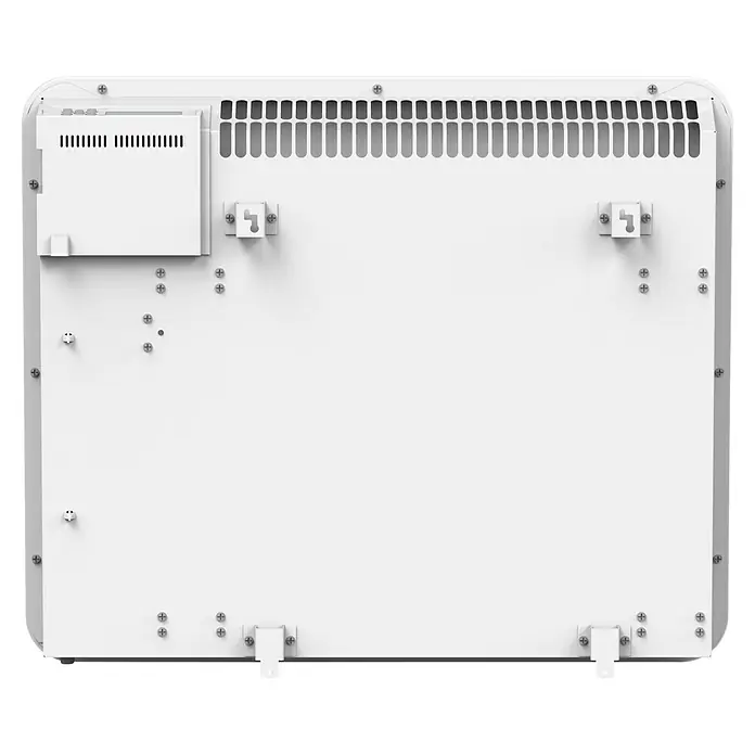Purline Emisor térmico Ceramic A1000 WiFi - 1.000 W, Blanco, 9 x 60 x 50 cm, Cerámico - Vista trasera de un radiador blanco con accesorios de montaje y ranuras de ventilación, que muestra su diseño compacto y moderno.