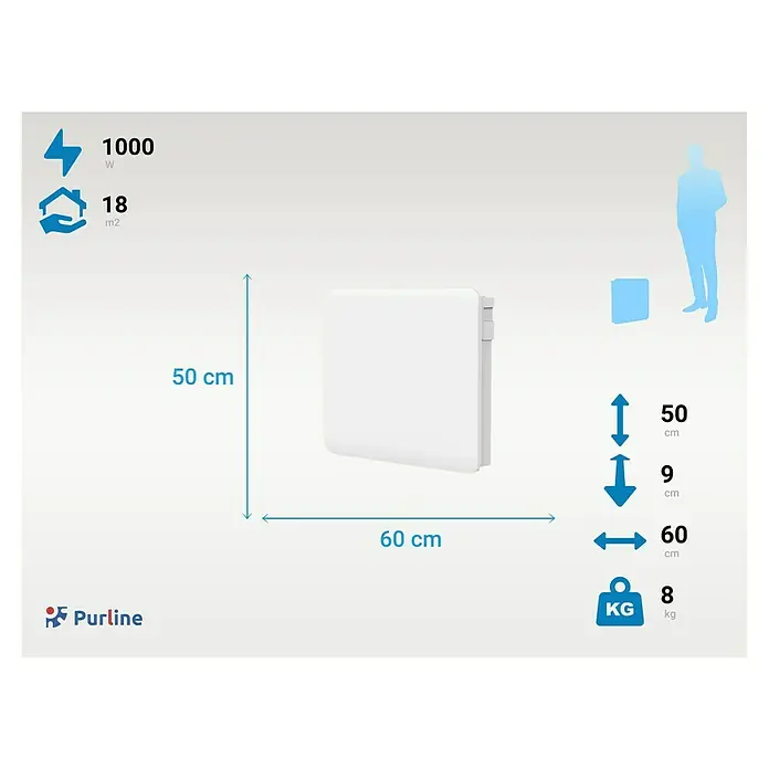 Purline Emisor térmico Ceramic A1000 WiFi - 1.000 W, Blanco, 9 x 60 x 50 cm, Cerámico - Imagen del producto de un calefactor Purline con dimensiones de 50 cm de altura, 60 cm de ancho y 9 cm de profundidad. El peso es de 8 kg, la potencia es de 1000W.