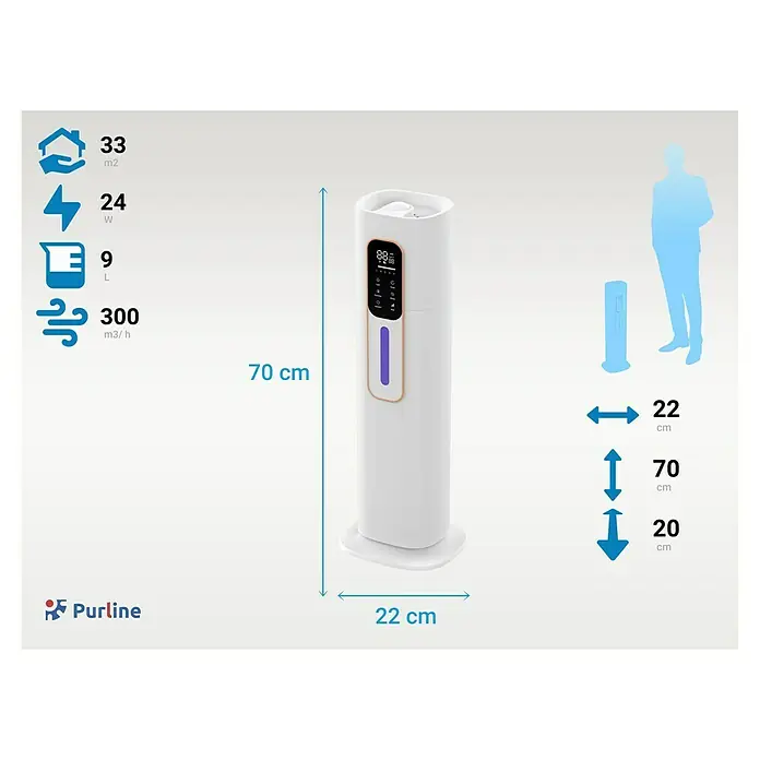 Purline Humidificador Hydro 20 - 20 x 22 x 70 cm, Blanco - Imagen del producto con etiquetas que muestran las dimensiones y las características del humidificador Purline.